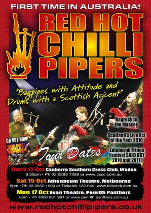 A poster advertising the Red Hot Chilli Pipers tour of Australia in 2011